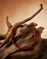 Gargantilla de coral rojo con cierre de barra en plata. Presenta cuentas de coral natural con textura irregular y un diseño minimalista.
