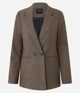 Blazer sastrero de corte alargado con estampado de cuadros pequeños en tonos marrones. Presenta cuello con solapa, cierre frontal con dos botones y mangas largas.