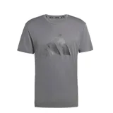 Remera deportiva Adidas de manga corta, color gris, con cuello redondo y logo de la marca estampado en el pecho con un diseño gráfico texturizado.