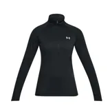 Buzo Under Armour de mujer color negro, con tejido UA Tech™ de secado rápido, ultrasuave y con tacto natural. Cuenta con cremallera frontal de 1/2 con cuello alzado, mangas raglán y costuras laterales enrolladas hacia adelante.