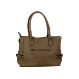 Cartera tipo tote de cuero sintético color negro, con doble asa de mano y correa larga desmontable.