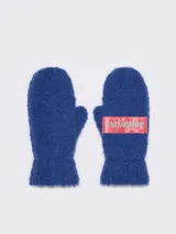 Par de manoplas azules de punto con etiqueta rosa con el logo de Bimba y Lola.