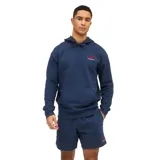 Canguro azul marino de felpa francesa con capucha con cordón ajustable, bolsillo tipo canguro y logo de New Balance bordado en rojo en el pecho y en el short.