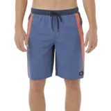 Short de baño Rip Curl modelo Giant Prawn de color azul, con cintura elástica y cordón de ajuste negro. Cuenta con franjas laterales en color naranja y negro, y detalle de etiqueta con logo en el borde inferior.