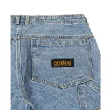 Pantalón de jean de corte recto con diseño de cinco bolsillos, confeccionado en tela de algodón de 12 onzas con acabado gastado.