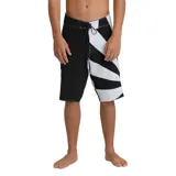 Short de baño Billabong modelo A.I. Rising Sun Pro, en color negro y blanco, con diseño asimétrico de franjas diagonales, cordón ajustable en la cintura y tejido elástico.