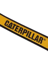 Llavero de cinta tejida color amarillo con bordes y letras negras que forman el logo de Caterpillar. Incluye un gancho metálico de seguridad color negro.