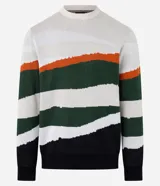 Suéter de algodón color crema con franjas horizontales en verde, marrón y negro.