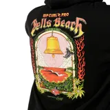Canguro negro con capucha y cordones ajustables, bolsillo frontal tipo canguro y estampado gráfico pequeño en el pecho con la inscripción Rip Curl Pro Bells Beach Australia.