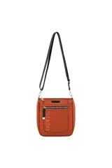 Bandolera negra con textura granulada, un bolsillo frontal con cierre de cremallera y un tirador de cremallera con la palabra "TRENDY" en relieve. Tiene una correa ajustable y extraíble.