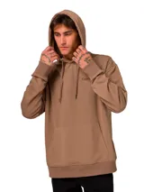 Buzo con capucha de corte relajado, confeccionado en tejido de algodón color beige. Presenta bolsillo tipo canguro frontal, puños y bajo acanalados, y logo bordado en el pecho.