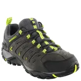 Championes de trekking Merrell modelo Crosslander 2, color gris con detalles en verde neón. Confeccionados en cuero y malla transpirable, cuentan con suela de tracción Vibram y tecnología Air Cushion para mayor amortiguación.
