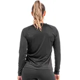 Remera deportiva negra de manga larga con protección UV50+ y logo blanco en el pecho.