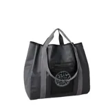 Bolso tote negro Rip Curl Surf Series de 60 litros, con asas grises y bolsillo frontal de malla con cierre.