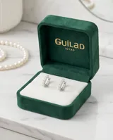 Aros tipo argolla pequeña de plata 925, con diseño rectangular decorado con una hilera de circonias brillantes.
