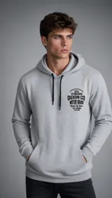 Hoodie gris melange con capucha y cordones negros ajustables. Presenta un estampado gráfico en el pecho con el logo de la marca Duxon Co. y cuenta con un bolsillo frontal tipo canguro.