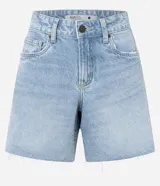 Bermuda de denim para mujer con cintura media y bajo deshilachado. Cuenta con trabillas en la cintura, cierre tradicional y bolsillos funcionales. Confeccionada en algodón con un toque de elastano.