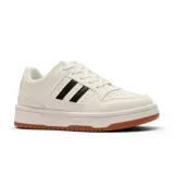 Championes urbanos de estilo deportivo, color blanco con detalles en negro en los laterales y suela de goma color caramelo. Presentan un diseño de plataforma plana y cierre con cordones.