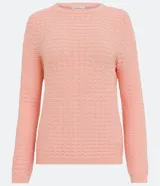 Blusa de punto color celeste con textura ondulada, cuello redondo y mangas largas.