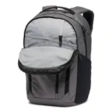 Mochila Columbia de 26 litros, color gris con detalles en negro. Cuenta con dos compartimentos principales, funda acolchada para laptop de hasta 15 pulgadas, funda para tablet, bolsillos laterales para botellas de agua y correas de hombro acolchadas.