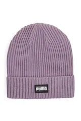 Gorro de lana Puma modelo Classic Cuff, color marrón, de punto acanalado con vuelta y parche frontal negro con el logo de la marca en blanco.