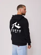 Canguro negro con capucha de Rusty, con gran estampado en contraste en la espalda con el logo y nombre de la marca.
