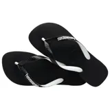 Ojotas Havaianas modelo Top Mix, con planta negra texturizada y tiras blancas.