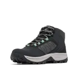 Bota de senderismo impermeable Columbia, color negro con detalles en gris y verde menta. Presenta una combinación de cuero y malla en la parte superior, con entresuela amortiguada y suela de alta tracción.