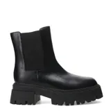 Botas altas de mujer color negro, estilo motociclista o 'biker', con suela track gruesa y plataforma. Presentan una caña alta que parece ser desmontable, con una tira ancha que rodea la parte inferior de la caña.