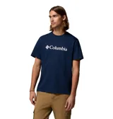 Remera de algodón orgánico color azul marino, con cuello redondo, mangas cortas y logo de la marca estampado en blanco en el pecho.