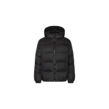 Campera puffer negra Tommy Jeans con capucha desmontable y cierre frontal.