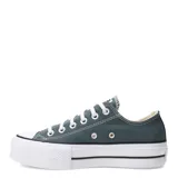 Championes Converse modelo Chuck Taylor Lift con plataforma, confeccionados en lona color verde azulado. Presentan puntera de goma blanca, cordones blancos y suela de plataforma elevada con detalles de líneas negras.