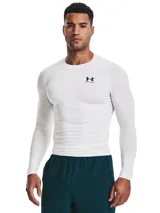 Remera térmica Under Armour HeatGear Armour Compression de manga larga, color blanco, con diseño ajustado al cuerpo, cuello redondo y logo de la marca en el pecho.