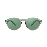 Lentes de sol con armazón redondo de acetato color verde translúcido y cristales tintados en tono verde. Presentan detalles metálicos dorados en las bisagras.