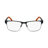 Armazón de anteojos Lacoste 2291/54 col 318, con marco rectangular de metal negro, patillas finas negras con terminales de plástico naranja y logo de la marca en el lateral.