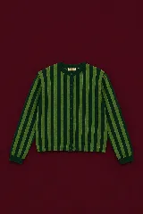 Cardigan de punto con diseño de rayas verticales en dos tonos de verde, cuello redondo y cierre frontal con botones.