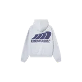 Hoodie oversize gris melange de Eme Studios, con capucha y gran estampado gráfico en la espalda en color azul oscuro con el logo de la marca.