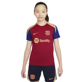 Camiseta de fútbol Nike Dri-FIT del FC Barcelona, modelo Strike. Diseño en color borgoña con mangas cortas en azul y detalles en dorado. Incluye logo de Nike, escudo del club y sponsor Spotify en el frente.
