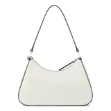 Cartera Guess modelo Layla de diseño tipo hobo en color blanco, confeccionada en material sintético con detalles y bordes en negro. Cuenta con cierre superior, una manija de hombro y dijes colgantes decorativos con forma de llaves.