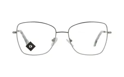 Armazón de anteojos recetados con marco metálico plateado de forma geométrica y patillas con detalle jaspeado.