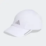 Gorro de running Adidas de 4 paneles, color blanco, confeccionado en malla ligera y transpirable con tecnología Climacool. Presenta un logotipo reflectante de adidas en el frente y visera curvada.