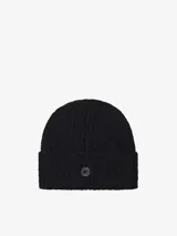 Gorro tipo beanie de tejido de punto con textura acanalada y efecto moteado multicolor. Presenta una etiqueta cuadrada con el logo de la marca en el frente.