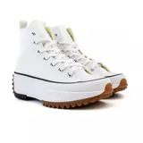 Championes Converse modelo Run Star Hike Hi, de caña alta en color blanco. Presentan una plataforma dentada con suela de goma bicolor en negro y marrón, y el icónico parche de Chuck Taylor en el lateral.
