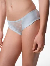 Bombacha de tiro medio confeccionada en microfibra y encaje, con panel frontal de encaje floral y laterales lisos. Cuenta con fundillo de algodón para mayor comodidad.