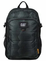 Mochila negra con estampado geométrico, marca Caterpillar, modelo Barry. Cuenta con compartimento acolchado para laptop de 15 pulgadas, panel organizador en bolsillo frontal, espalda acolchada, correa para ajustar a la cintura, straps ajustables y compartimiento principal amplio con correas de compresión.