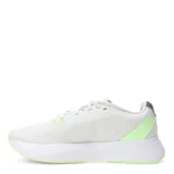 Championes de running Adidas Duramo SL, color blanco con detalles en gris y verde neón. Presentan tecnología de amortiguación LIGHTMOTION, parte superior de malla transpirable y suela de goma ADIWEAR para mayor durabilidad.
