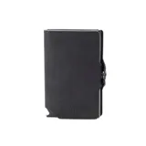 Billetera compacta marca Baleine, modelo Kansas Zipper Full, confeccionada en cuero genuino color negro con estructura interna de aluminio. Cuenta con sistema de deslizamiento para tarjetas, protección RFID, compartimento para billetes y cierre con broche a presión.