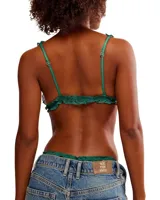 Bralette de encaje negro con malla transparente de puntos y ribetes de volantes en los bordes.