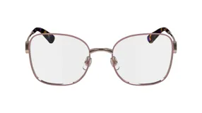 Lentes de receta Longchamp con armazón metálico en tono rosado y patillas con detalle de carey en los extremos. Diseño de marco cuadrado con puente metálico y plaquetas ajustables.