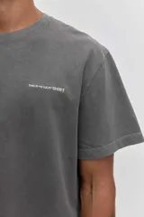 Remera de algodón color marrón con efecto lavado, de corte clásico y cuello redondo. Presenta un pequeño bordado de un pájaro en el pecho.